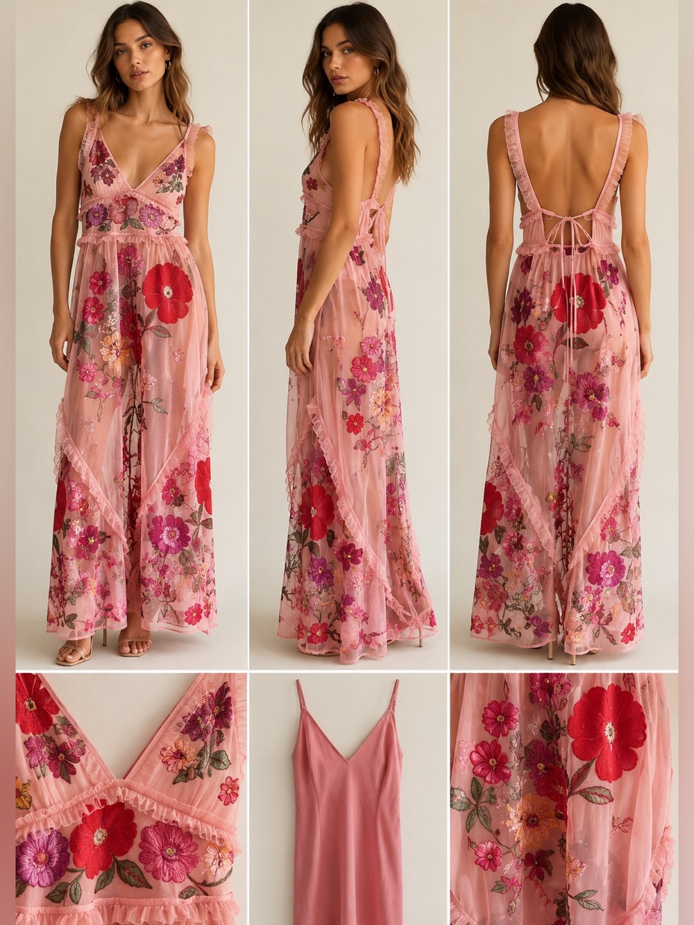 For Love & Lemons Floral Embroidered Maxi Dress w Matching Slip XXS